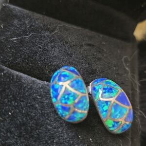Blue Opal Mosaic Oval Stud Earrings - Set In Sterling Silver